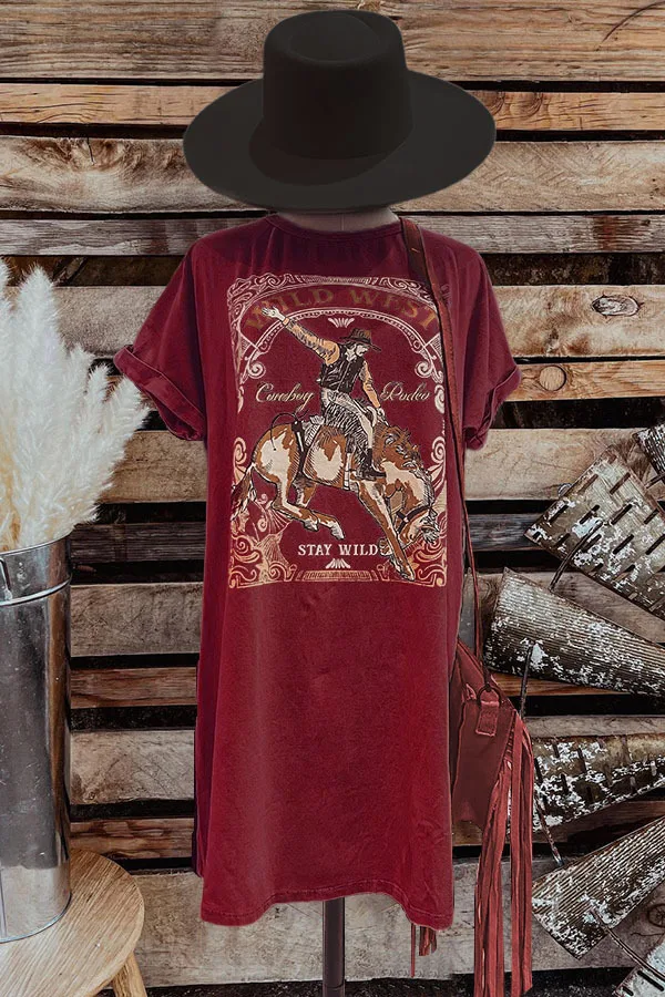 Cowgirl Fashion Round Neck Women T-shirt 2025 New Short Sleeve Streetwear Retro Summer Dress Distressed Print Cotton Dresses