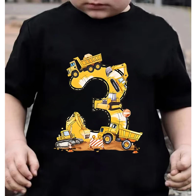 3rd Birthday Construction Truck Kids T-Shirt 3 Year Old Excavator Graphic Tee Toddler Boy Birthday Tee Digger Number 3 Clothes