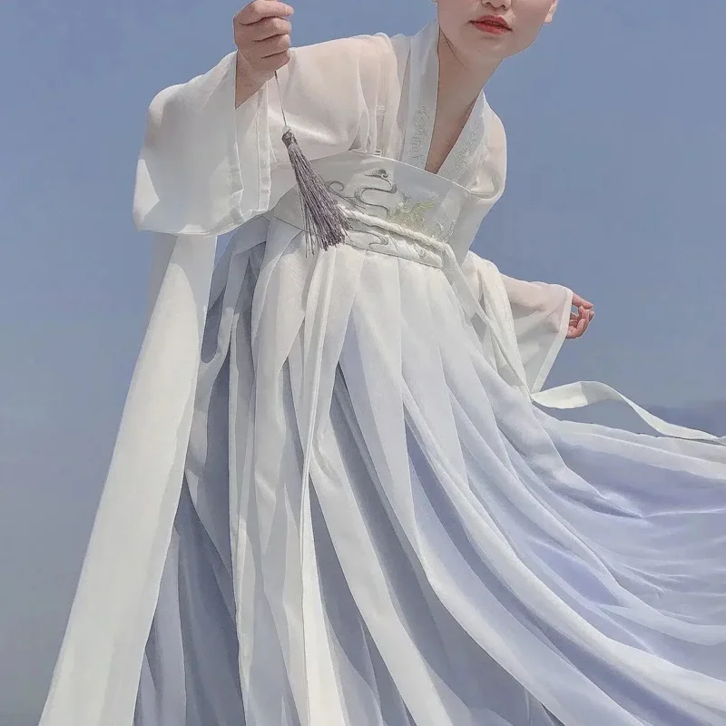 Haft w stylu vintage Hanfu kostiumy Cosplay kobiety szyfonowa zakrętka tubki sukienka księżniczki chińska tradycyjna odzież do tańca z dynastii Tang