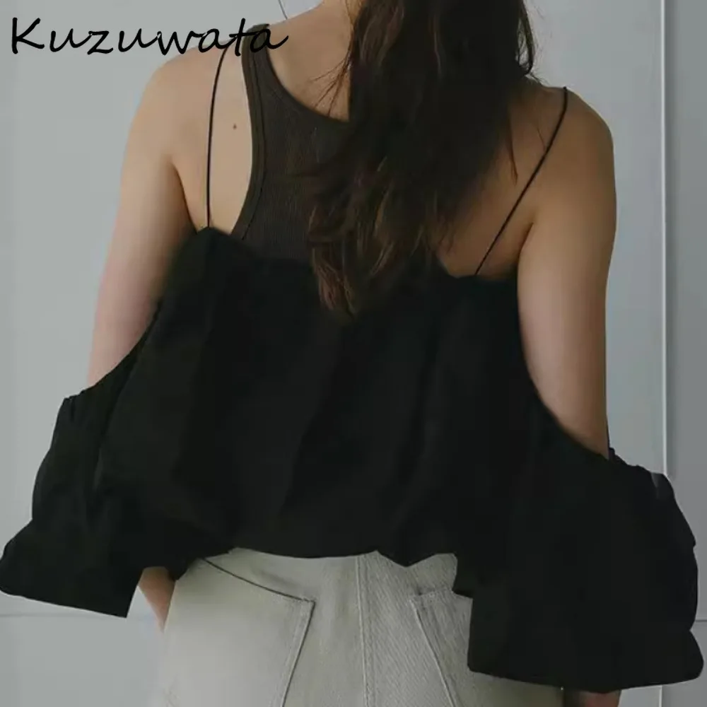 Kuzuwata-Blusa informal holgada con cuello oblicuo y Manga mariposa, camisa sencilla que combina con todo, Tops elásticos de Japón