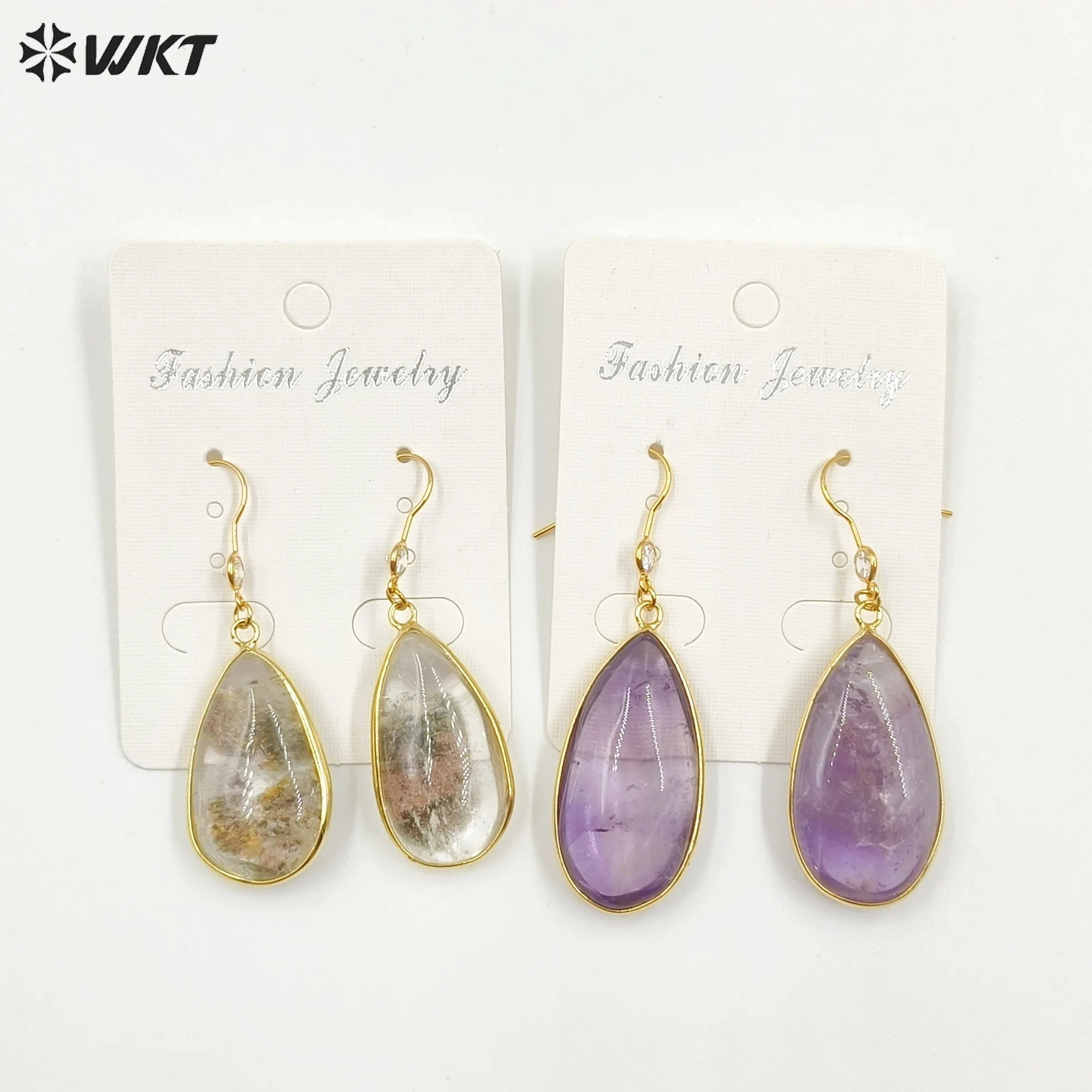 

WT-E718 Classical Irrregularity Healing Transparency Moss Agate Exquisite Gold Plated Needle Amethyst Earrings