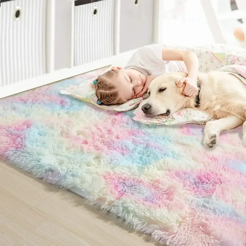 Fluffy Rainbow Rugs for Girls Bedroom Soft Shag Carpets for Teen Girls Kids Baby Room Nursery Playroom Cute Room Decor Area Rug