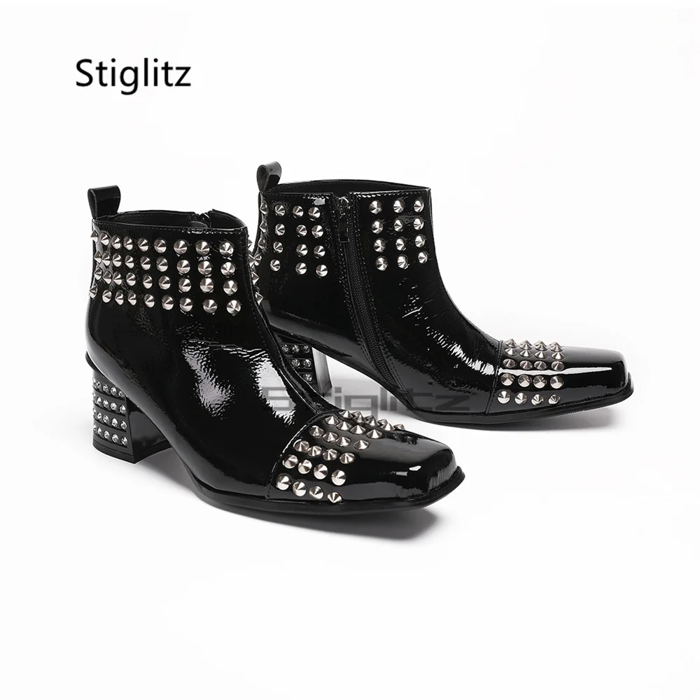 Black Square Toe Men's Rivet Boots Side Zip Silver Stud Chunky High Heels Chelsea Boots Autumn Winter Business Wedding Shoes
