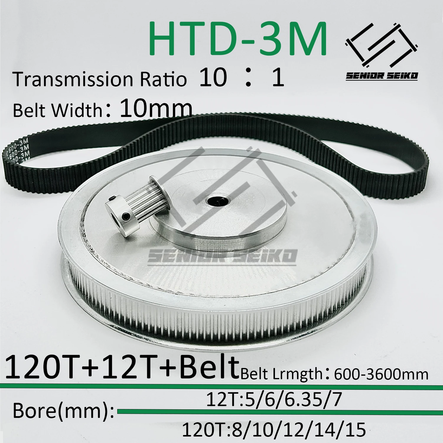 

HTD3M 120Teeth 12T Timing Pulley Belt Set Belt Width 10mm Bore 3~15mm Reduction10:1 Deceleration 3M Pulley Kit Synchronous Wheel