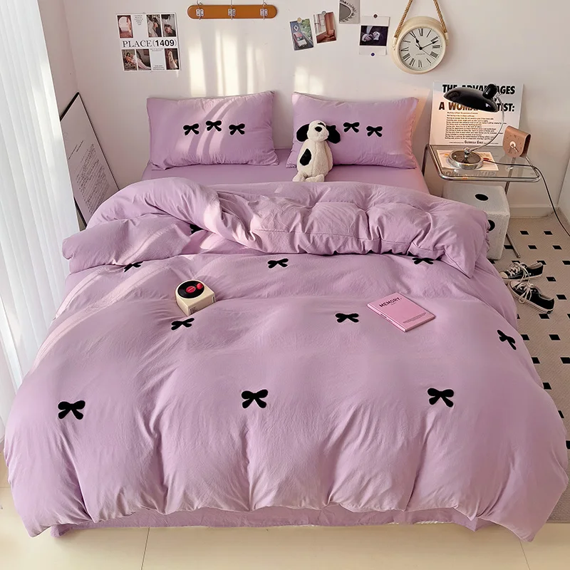 

Bow-knot Duvet Cover 3pcs Microfiber Soft Bedding Set Simple Purple Comforter Cover Girly Bedroom Quilt Cover with 2 Pillowcases