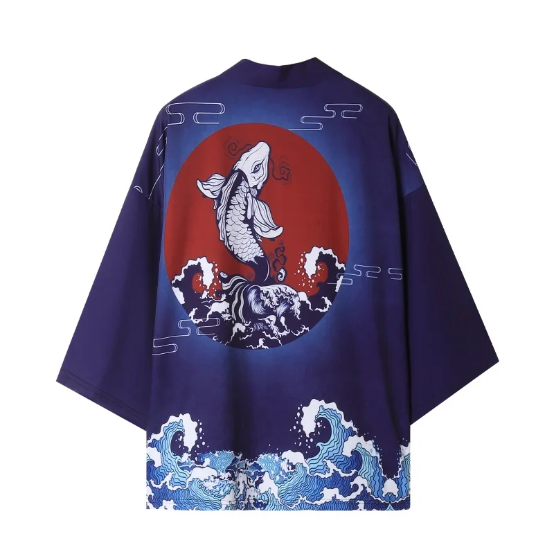 

Japanese Streetwear Women Haori Kimono Yukata Cosplay Clothes Traditional Men Blue Carp Print Kimonos