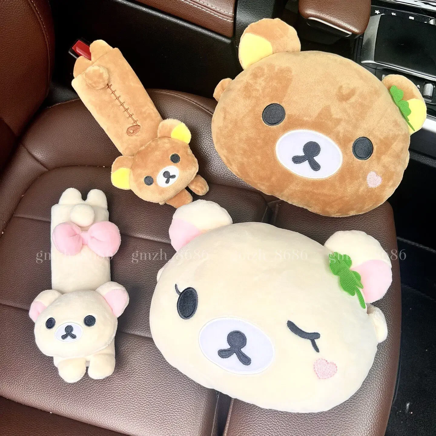 Kawaii Rilakkuma Plush Car Accessories Cute Rilakkuma Korilakkuma Car Neck Pillow Seat Belt Shoulder Pad Cushion Gifts Girl