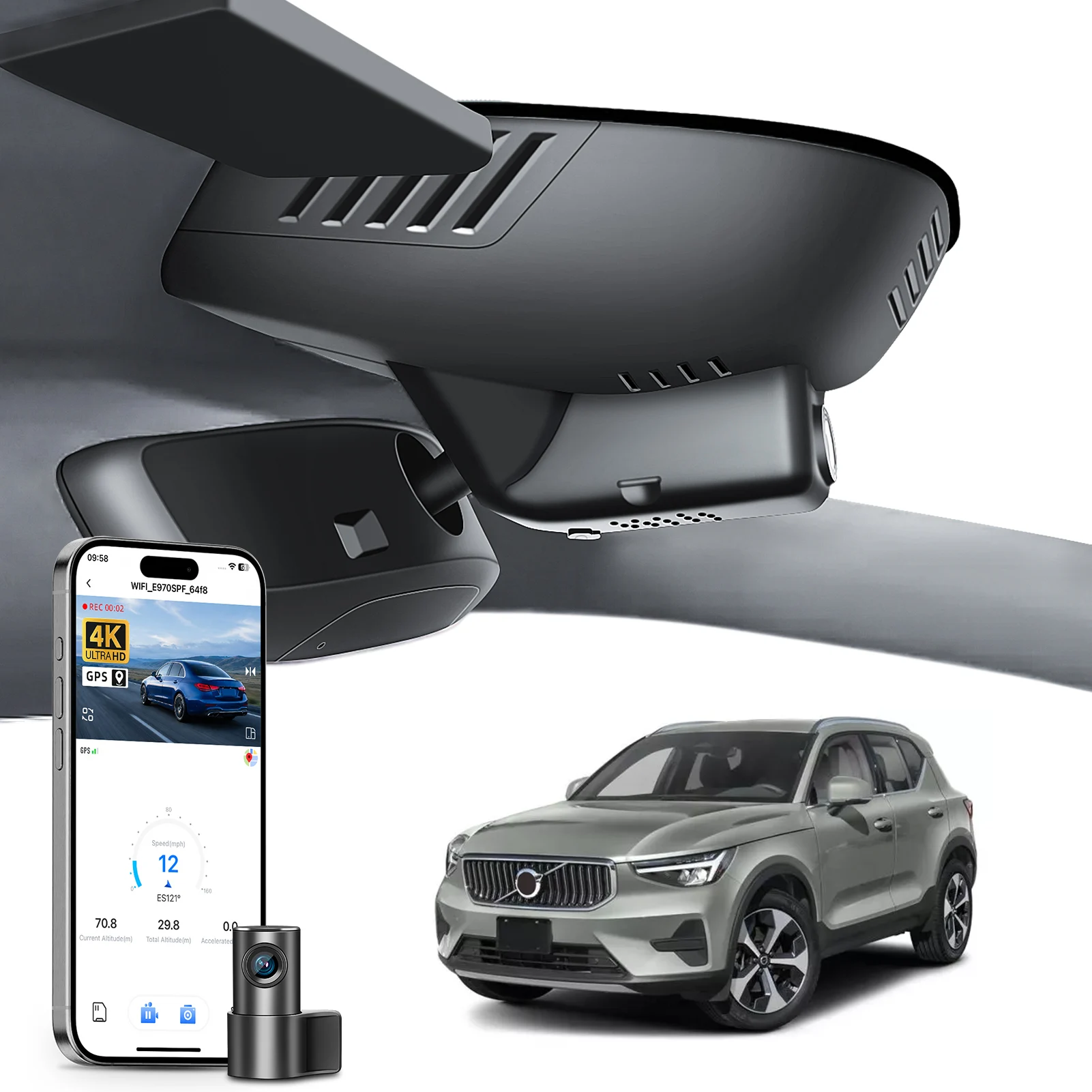 Cámara para Auto Mangoal 4K Dedicada para Volvo XC40 y XC40 Recharge 2019-2026 con GPS, WiFi y Aplicación, Plug and Play