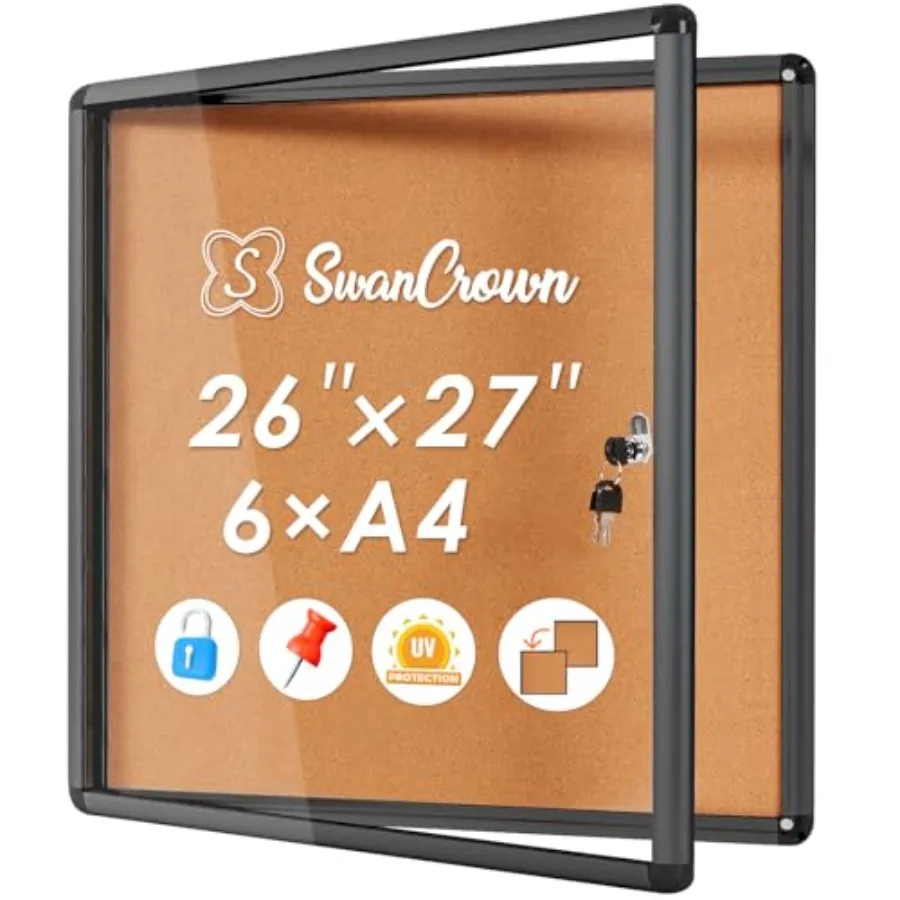 

Настенная доска для объявлений с замком, пробковая доска для информации, защита от несанкционированного доступа, черная рамка, 28x26 дюймов, 6xA4