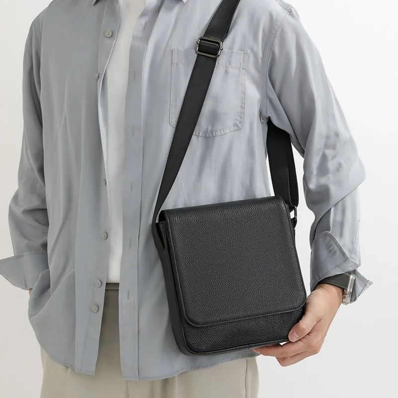 Men's Trendy Premium Vibe Genuine Cowhide Crossbody Bag Minimalist Single Shoulder Bag Casual Messenger Bag for Business