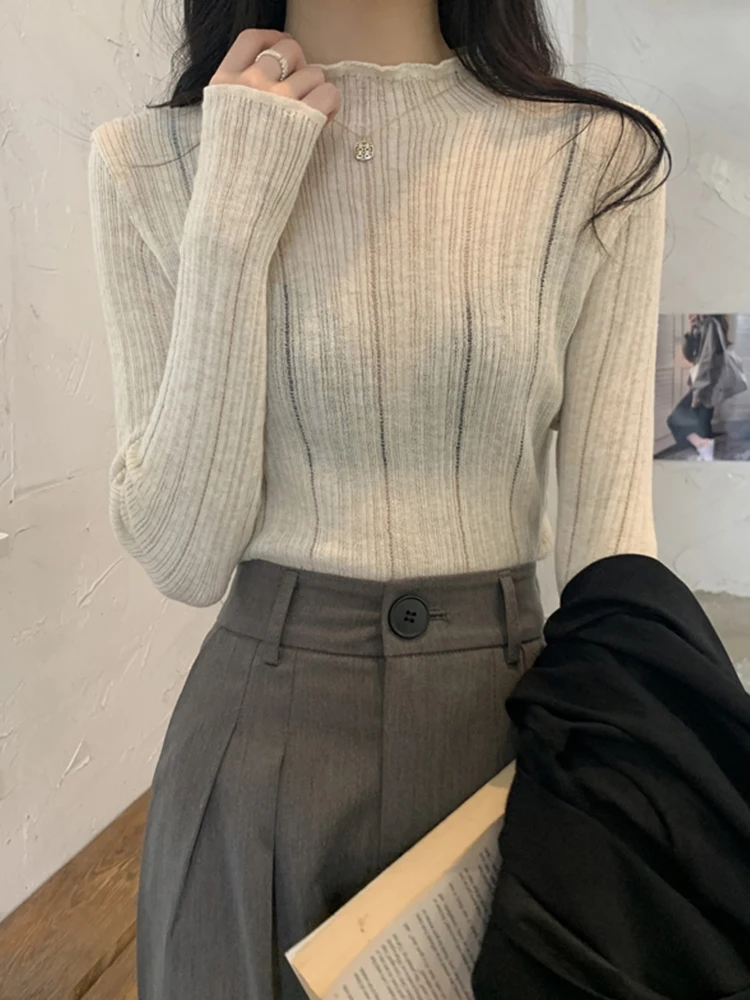 

Женская вязаная базовая кофта с длинным рукавом и воротником-стойкой для весны и осени, модная, для повседневной носки, приталенная, теплая