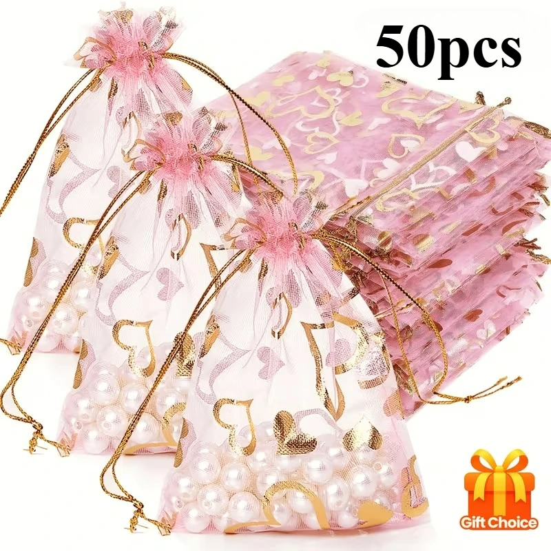 50pcs Pink Heart Gradient Drawstring Bags with Golden Glitter Decor, Romantic Love Theme Gift Pouches, Durable Storage Bags