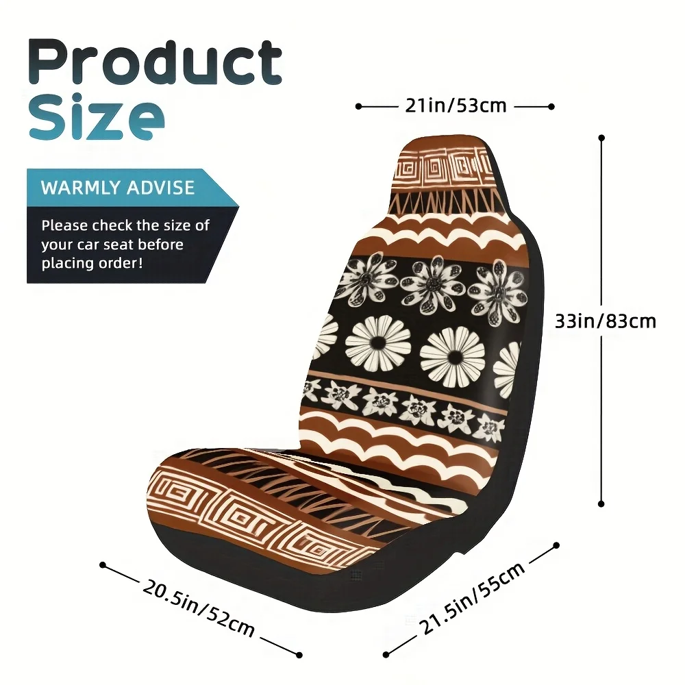 2pcs Fijian Masi Tara African Pattern Car Seat Covers - Stylish Brown & Floral Design, Durable Washable Fabric, Fit For All Vehi