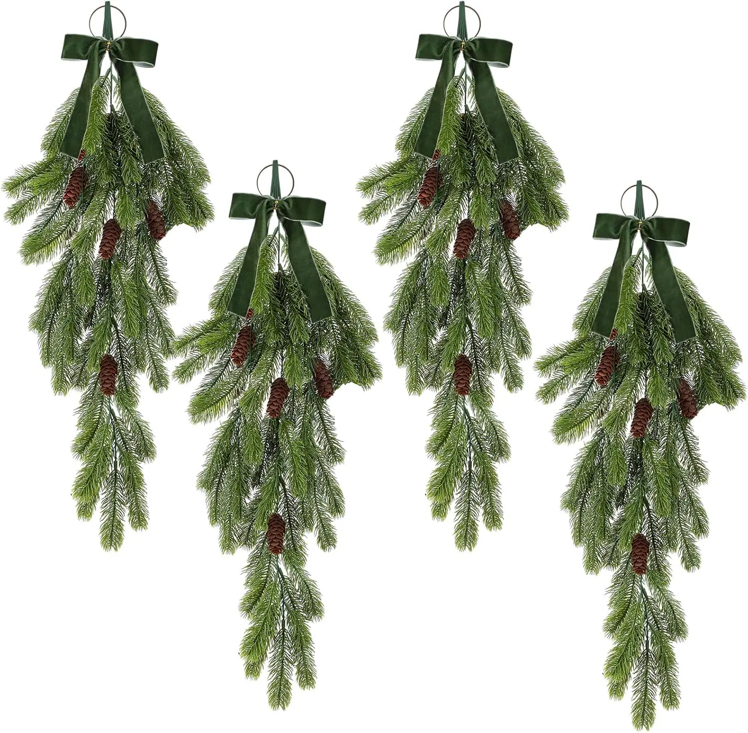 4 Pack Christmas Teardrop with Pine Cones Velvet Bow Artificial Christmas Greenery Hanging Garland for Home Decor