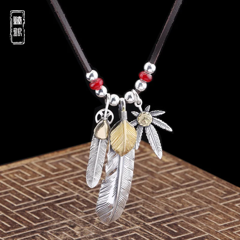 

S925 Silver Japanese Style Feather Leaf Sweater Chain Trend Personalized Beaded Leather Rope Chain Versatile Silver Jewelry