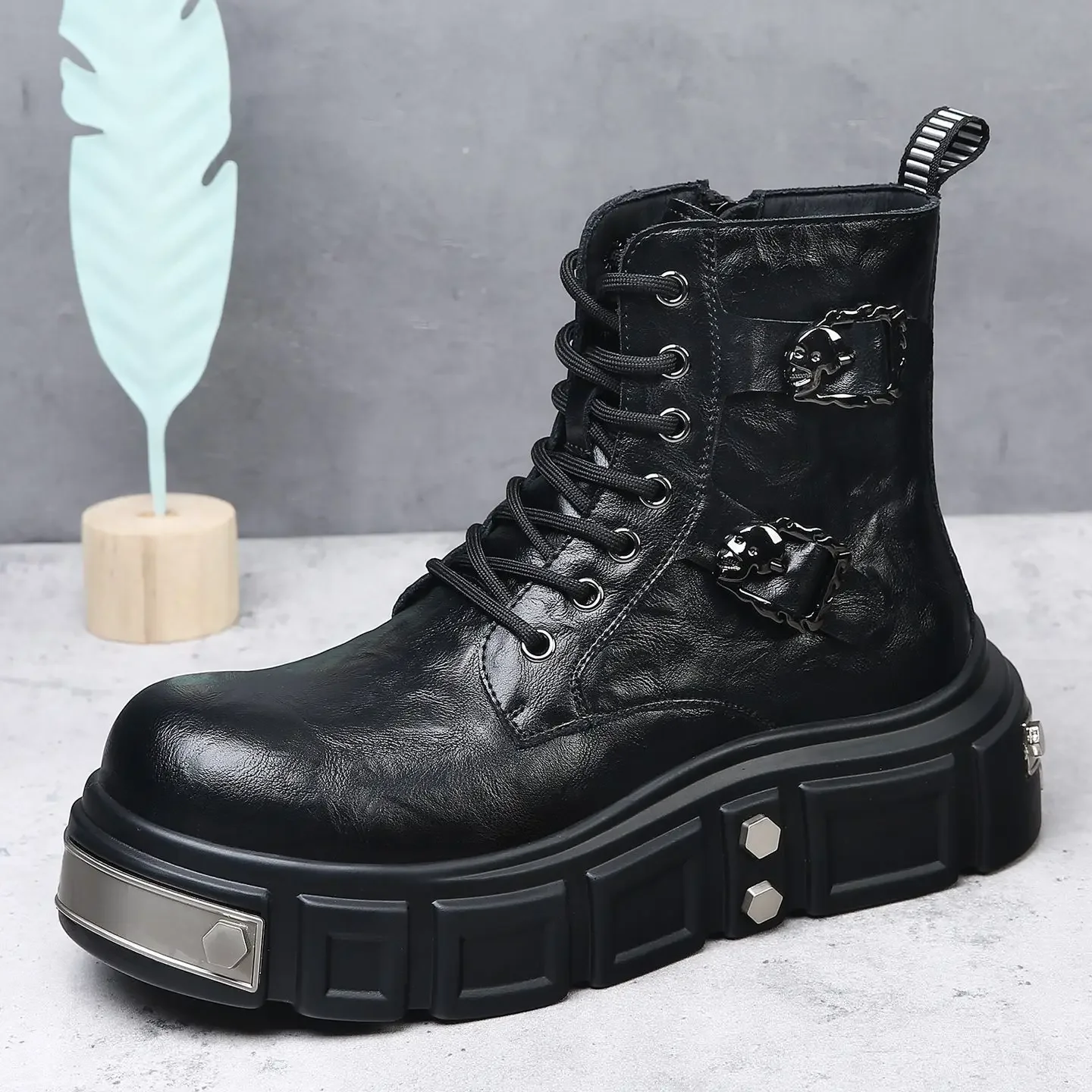 

Thick-soled Leather Zipper High-top Locomotive Men's British Shoes Heightening Short 2025 New Punk Mid-boots Breathable Black