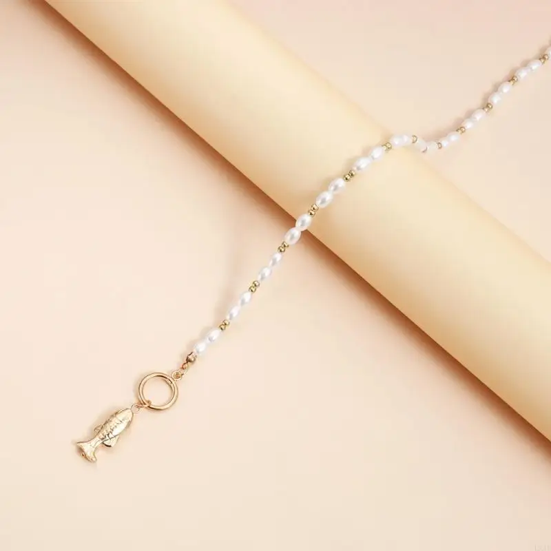  Creative Fish Shaped Pendant Necklace Imitation Pearls Beads Lightweight Design