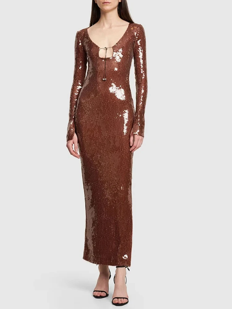 Newest Women Celebrity Sexy Long Sleeve Brown Mesh Sequins Long Gowns Dress 2024 Elegant Evening Party Club Dress Vestido