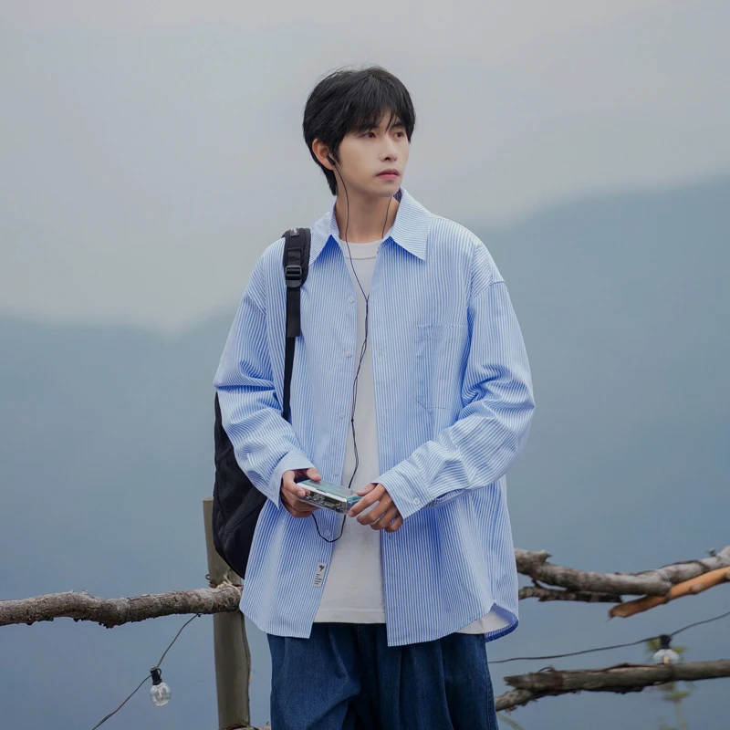 Blue Striped Long Sleeve Men's Shirt Summer Trendy High-End Feeling Youthful Top Teenage Sunscreen Shirt Jacket Loose Fit