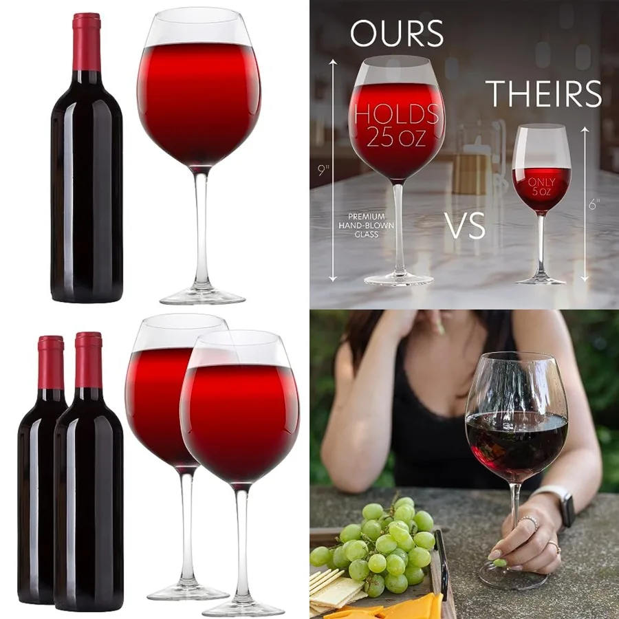 

Oversized 33.5oz Wine Glasses Pack - Holds a Full Bottle of Wine - Made of Hand-Blown Glass NOT Plastic - XL Glassware Fun for