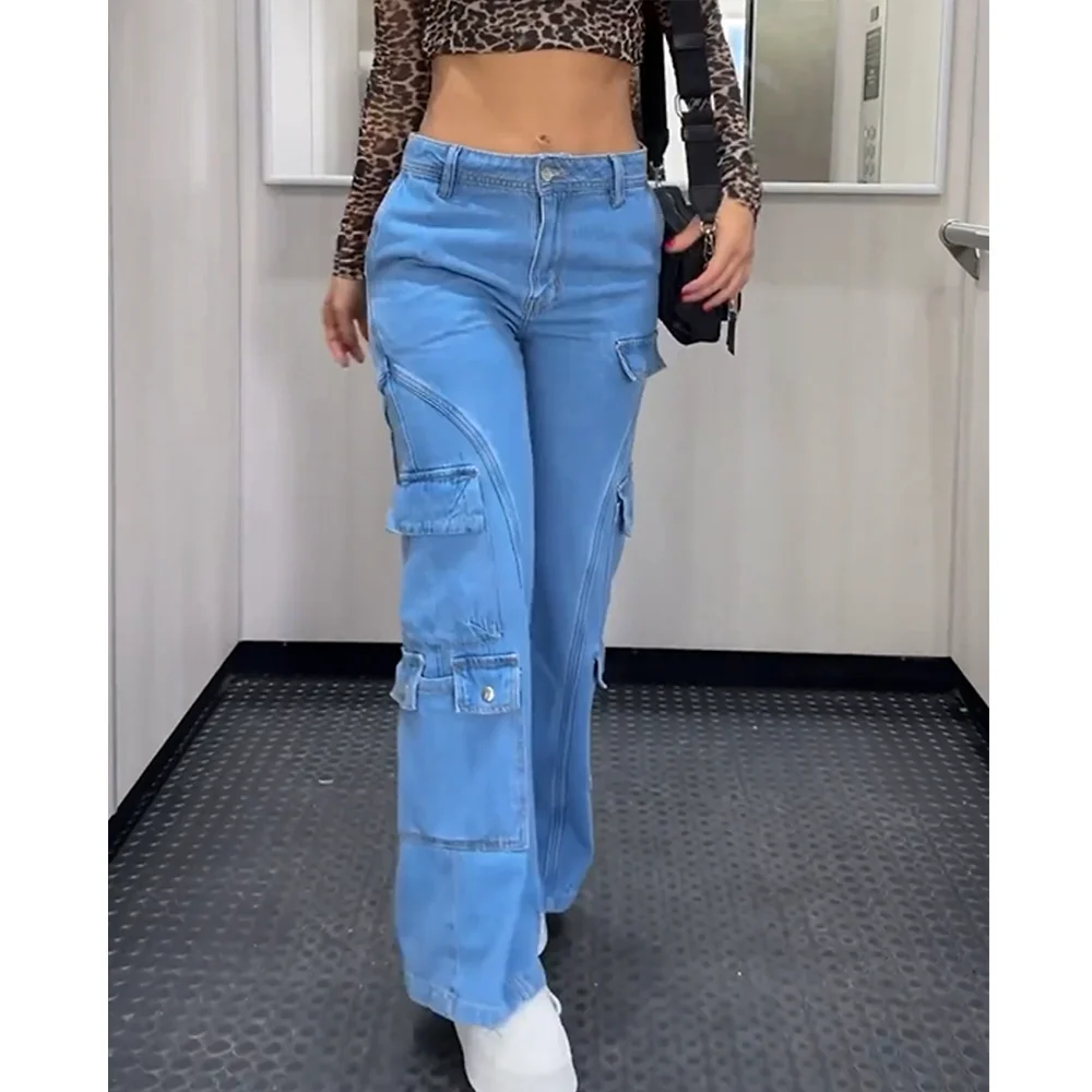 New Women High Waist Wide Leg Denim Jeans Straight Loose Streetwear Slim Fit Trousers Cargo Pocket Deign Pants