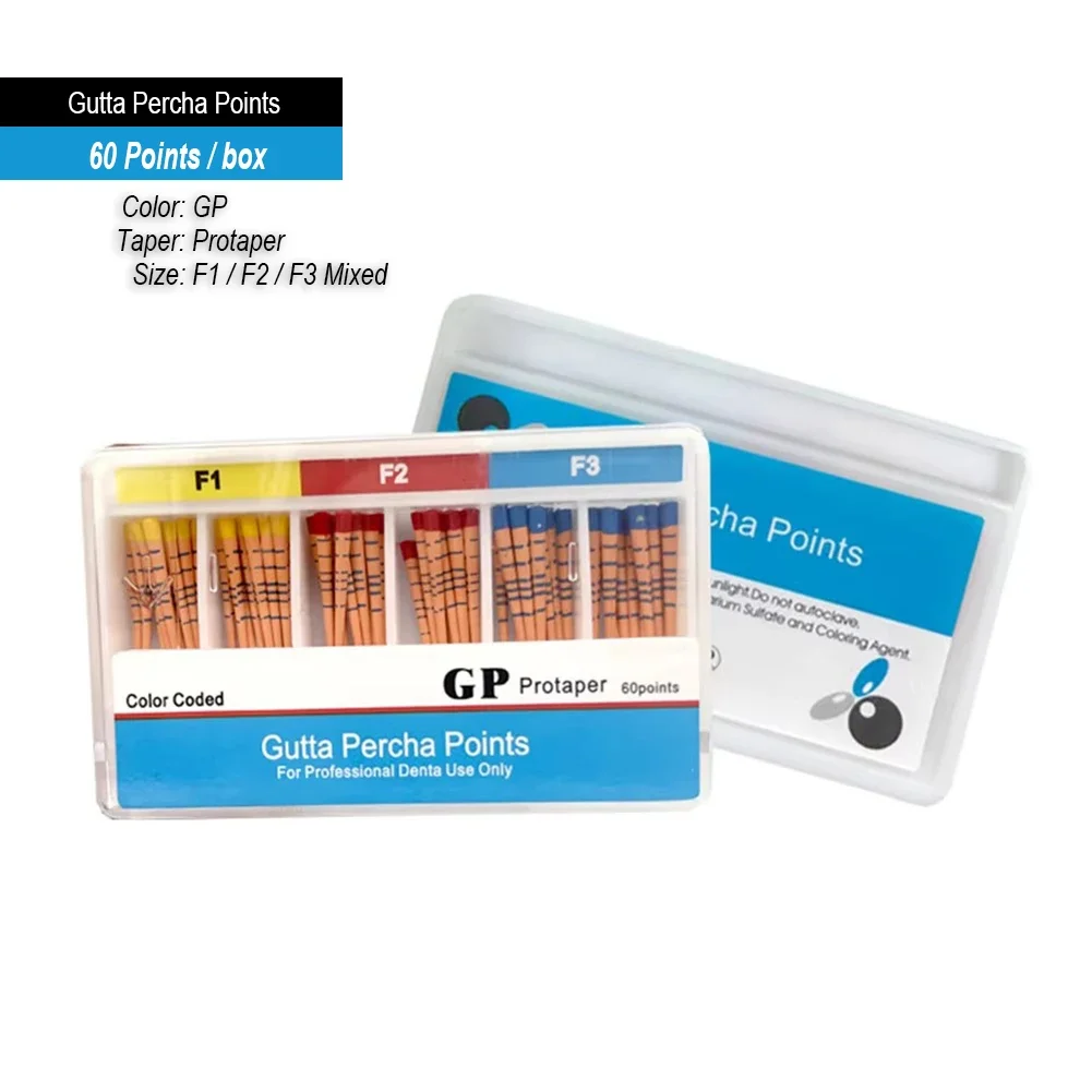 Puntos de gutapercha dental desechables GP 02/04/06/F # Palo cónico de relleno Endo del conducto radicular del dentista de las puntas de la fibra cónica 15-40 con la escala