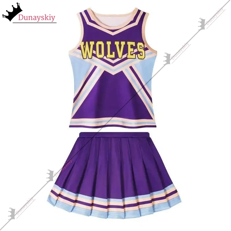 Child Girls Cheerleader Round Neckline Letters Printed Skirt 2Pcs Flower Balls Set School Season Sports Event Clothes