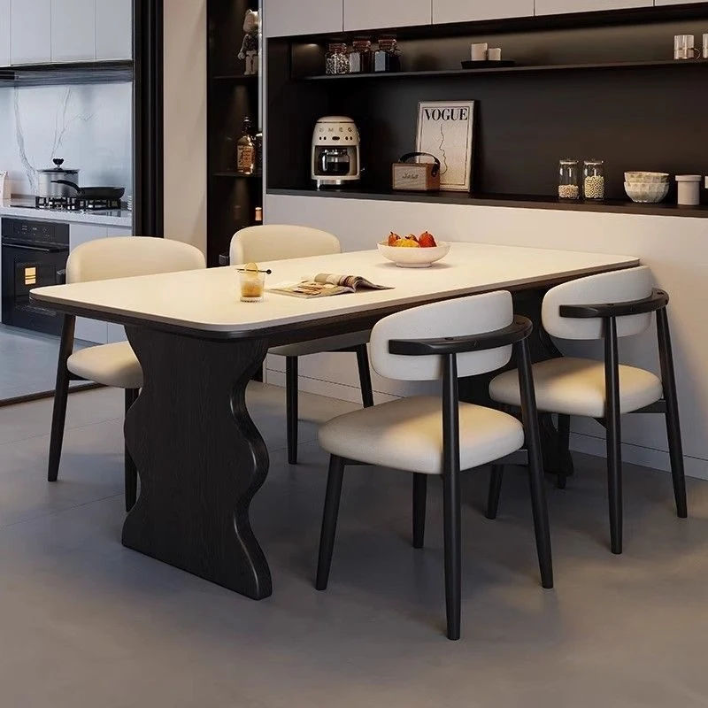 Mid-style solid wood dining table and chairs, new light luxury and simple modern home small apartment black slate dining table