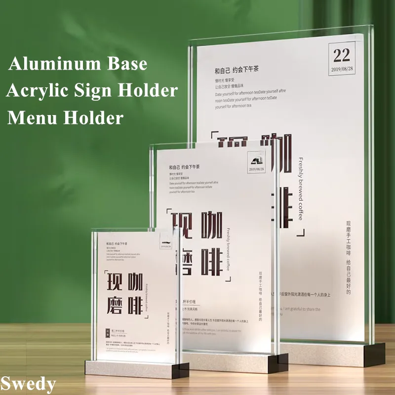 A5 148x210 مللي متر ضعف الجانب الألومنيوم قاعدة القائمة السعر تسمية ورقة العلامات صورة صورة ملصق الإطار حامل علامة أكريليك عرض موقف #1