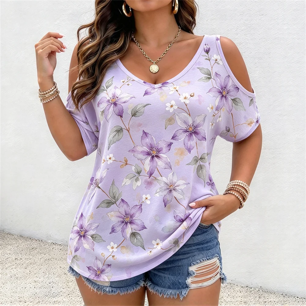 Cotton New Women's T-shirt Summer Women's Off Shoulder T-shirt Floral pattern Hawaii Vacation Women's T-shirt Women Clothing Top
