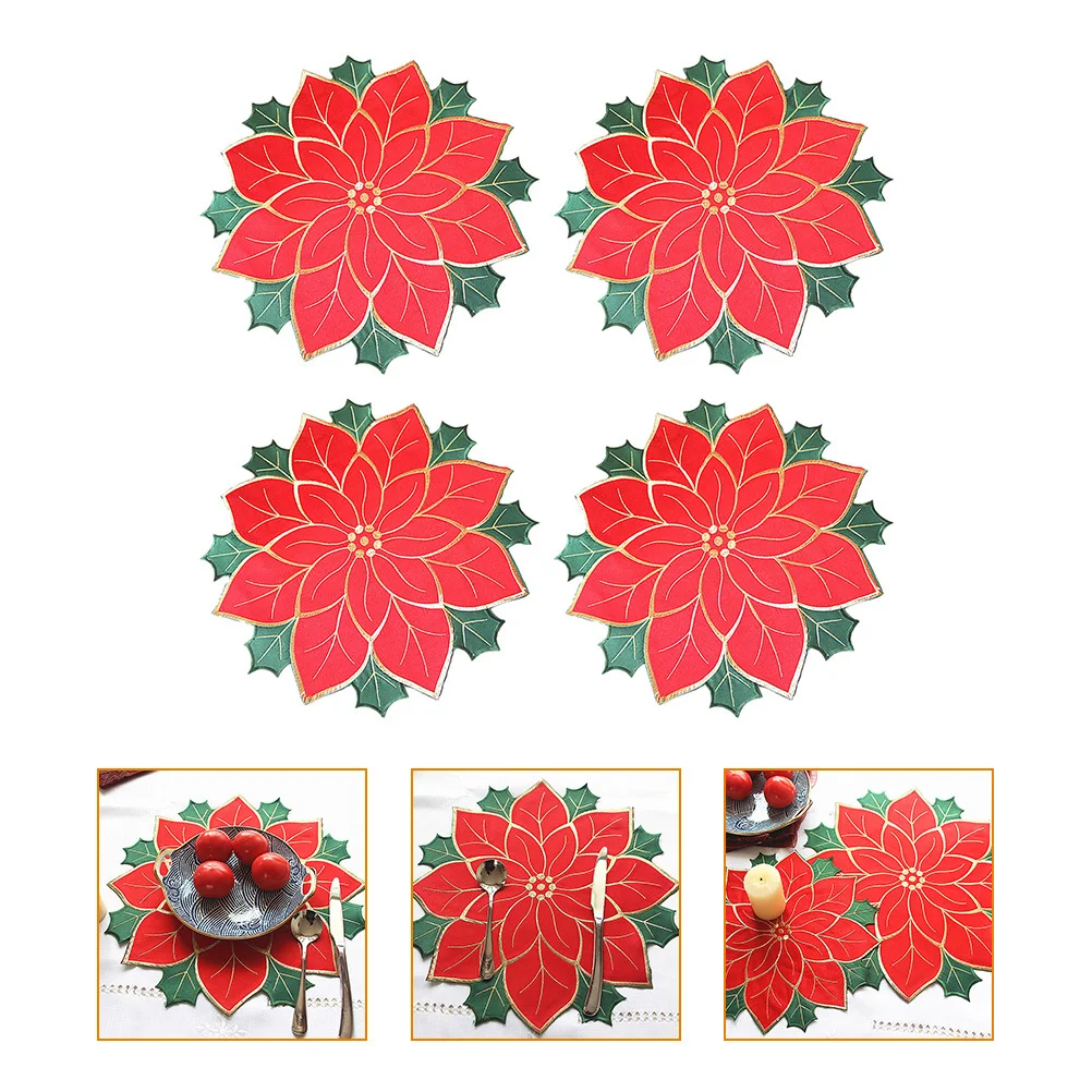 

4Pcs Placemat for Plates Christmas Pattern Table Decoration Wear Resist Dinning Mat Stylish Holiday Cup Mat Set