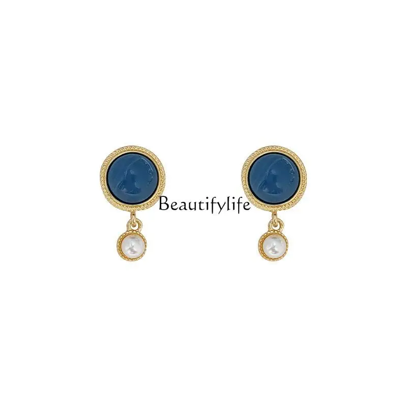 Gentle Temperament Blue Pearl Earrings for Female, French Vintage, Court Style, Fashion