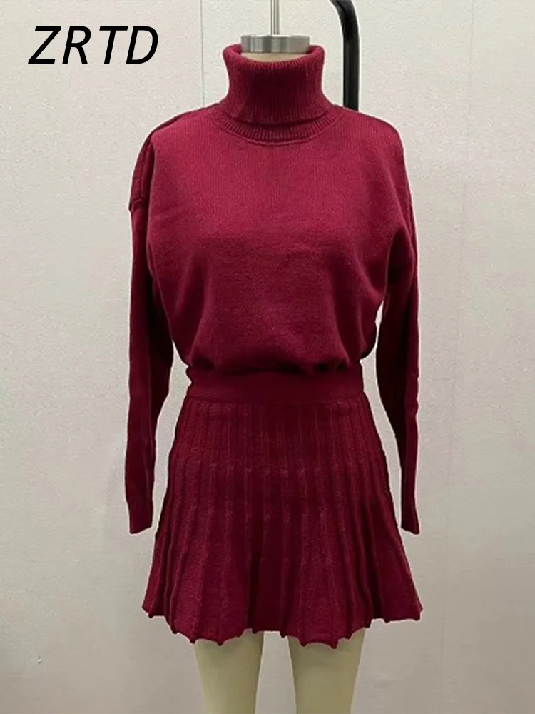 Elegant Red Wine Pullover Mini Skirt Sets Vintage High Collar Female Sweater Short Pleated Skirts 2024 Autumn Lady Knit Outfits