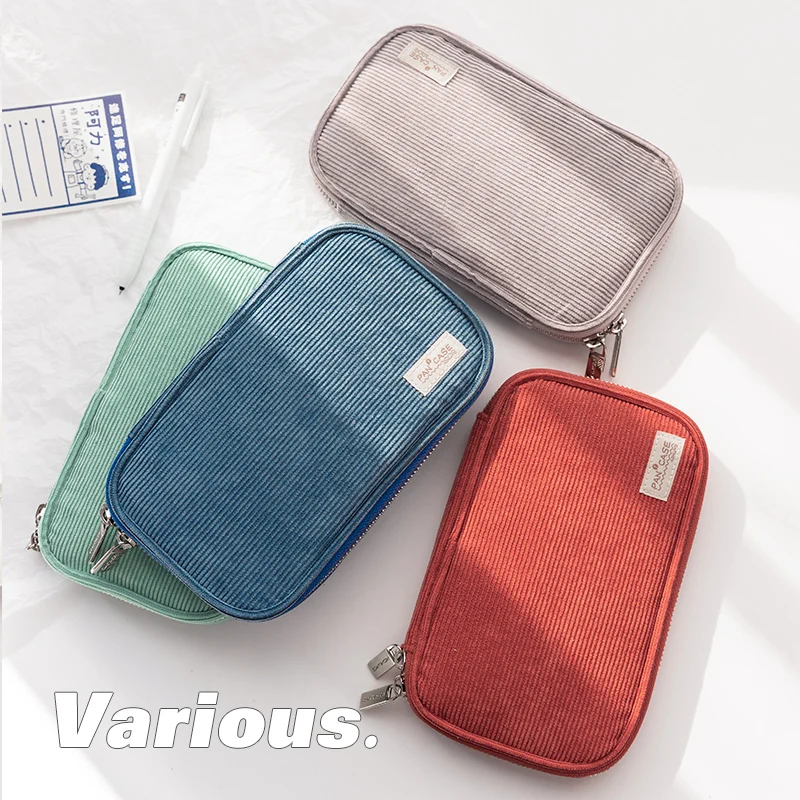 Kokuyo Corduroy Pan Case Flat Open Multi Pocket Pen Pencil Bag Storage Pouch Handbag for Stationery School A7025