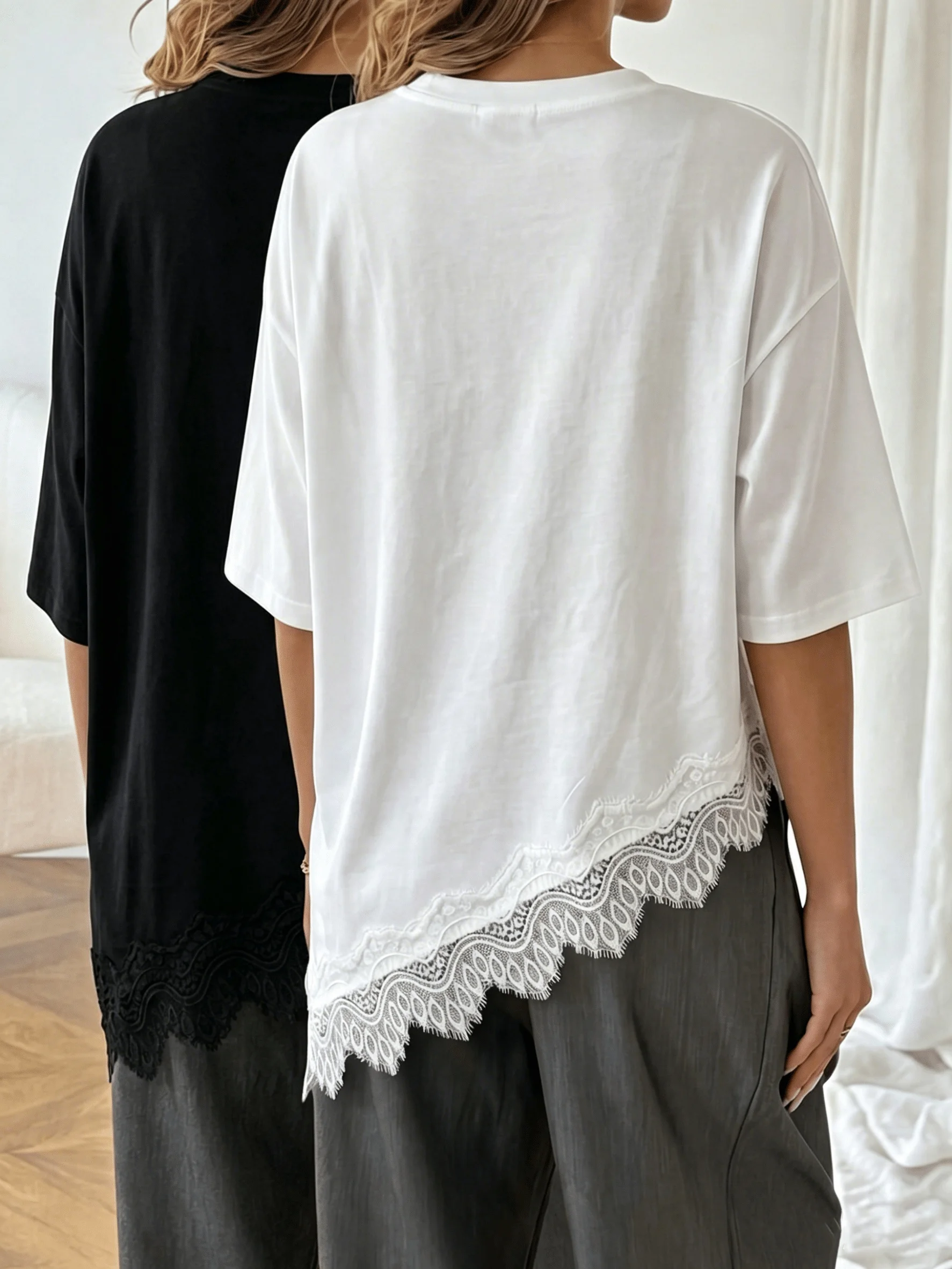 2-piece set loose round-neck short-sleeve women's T-shirt with lace hem splicing, stylish solid color top