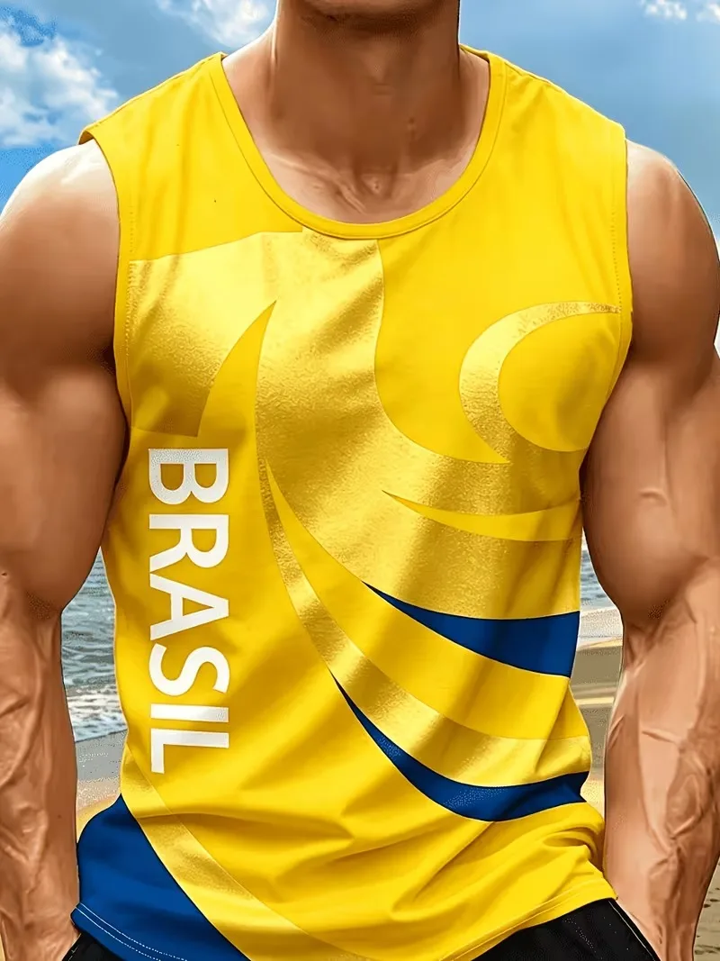 Trendy hot selling curved wave Brazilian letter printed men's sleeveless fitness vest fashion sports T-shirt daily Men clothing