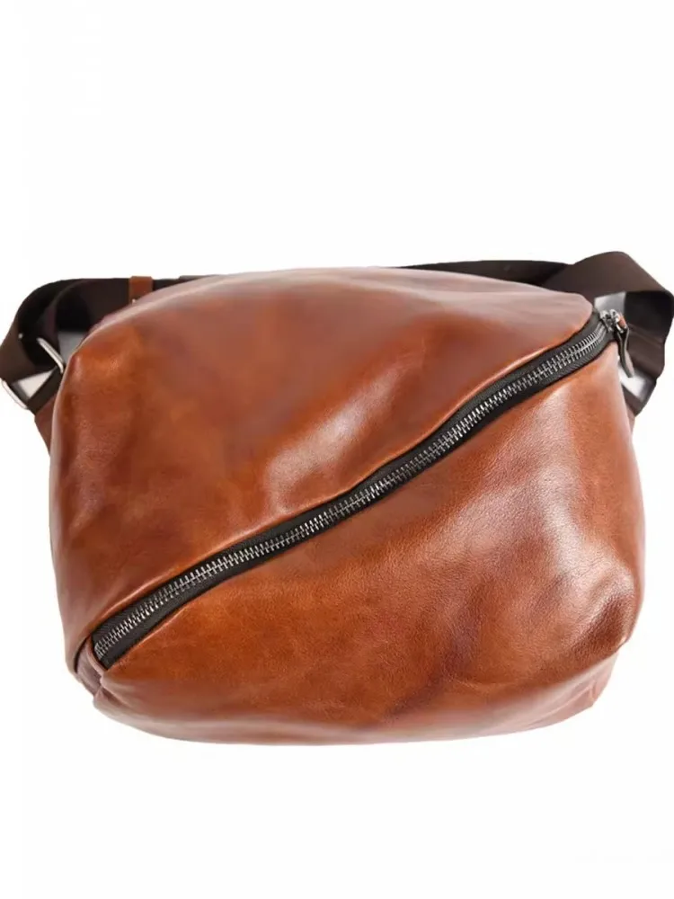 High Quality Mens Soft Cowhide Genuine Leather Shoulder Bag New Designer Zipper Strap Crossbody Bags Vintage Casual Tavel Bag