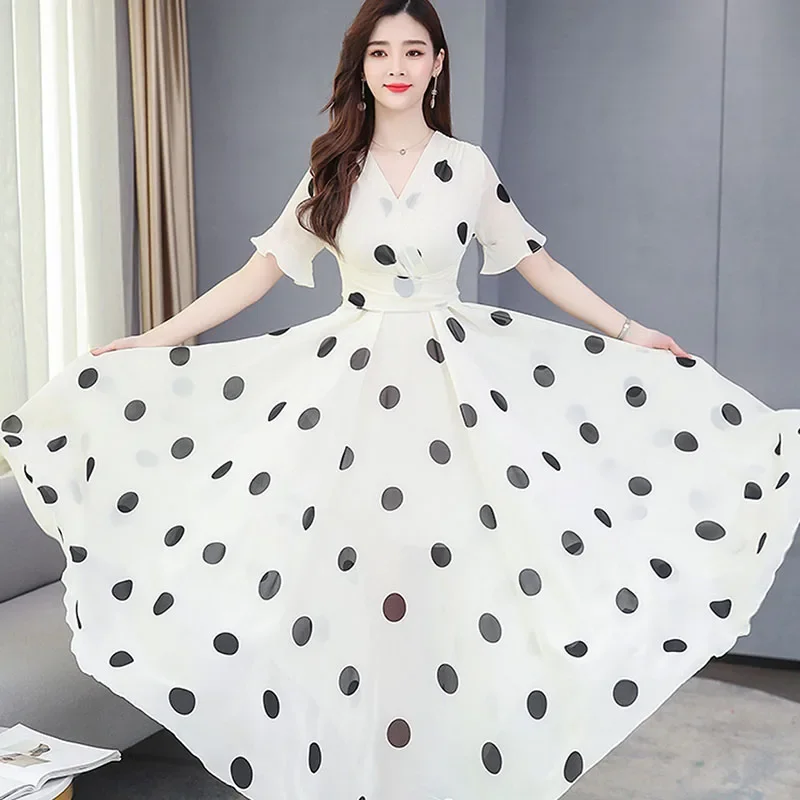 Elegant ยาวผู้หญิง V คอ Polka Dot ชุดชีฟองแขนสั้น 2025 ฤดูร้อนใหม่สุภาพสตรี Casual เอวชุด Vestidos 4XL