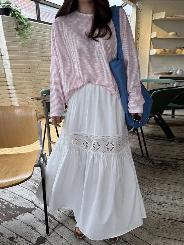 

Pink Striped Long Sve T-irt And Suower Embroidery Lace f Skirt Set Sweet Korean Sle Faion Autumn Outfit for Women