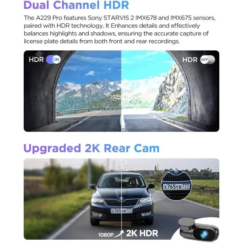 บ้าน A229โปร4K HDR Dash CAM, dual starvis 2 IMX678 IMX675, 4K + 2K ด้านหน้าและด้านหลังรถกล้อง2ช่องพร้อม HDR