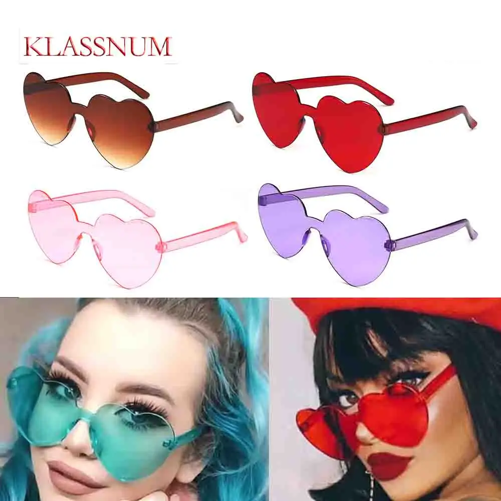 

KLASSNUM Party Trend Heart Shape Women Sunglasses Dark Glasses Women Color Transparent Frameles SunGlass For Costume Accessories