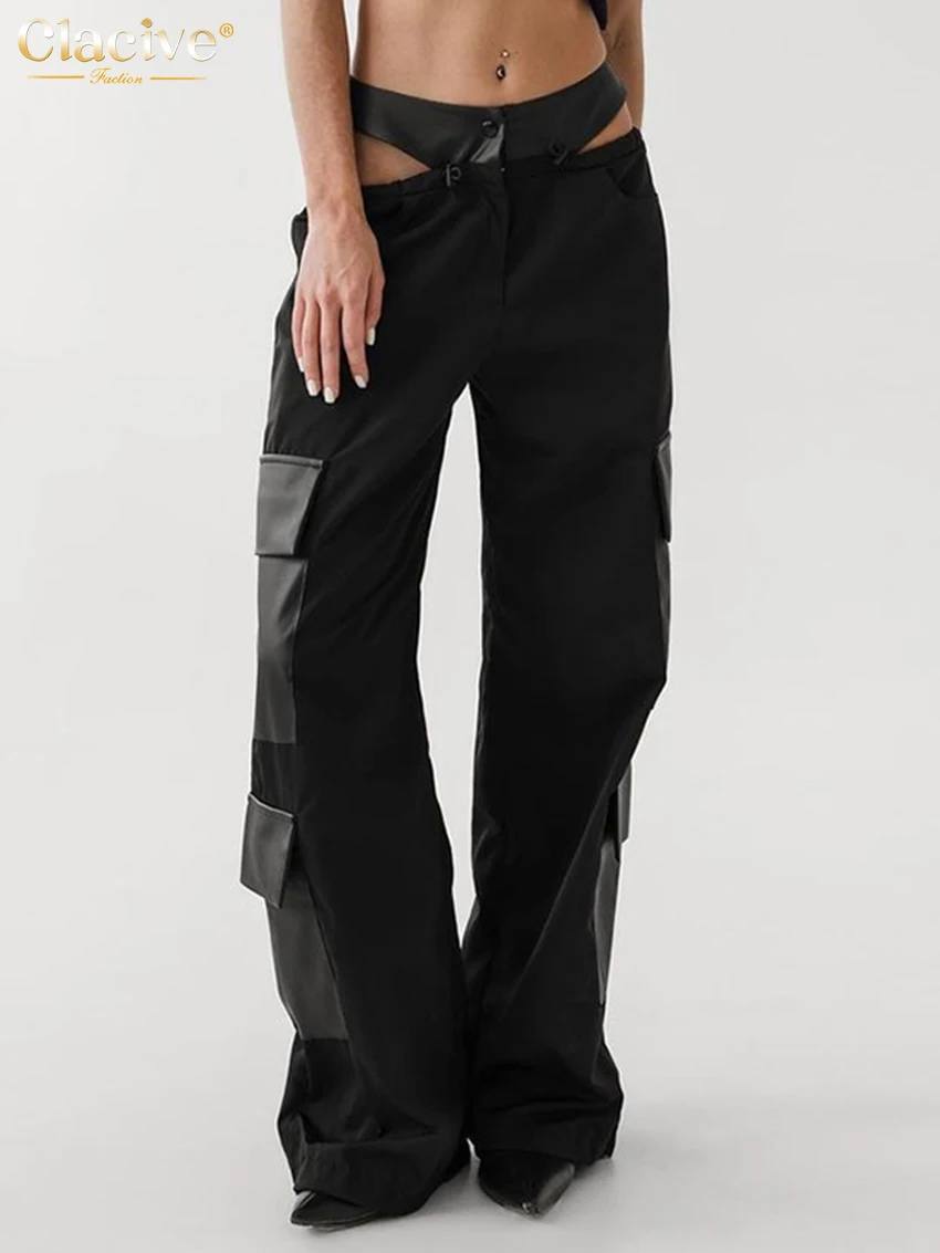 

Clacive Fashion Loose Black Patchwork Women's Pants 2025 Sexy Chic Mid Waist Trousers Streetwear Hollow Out Cargo Pants Female