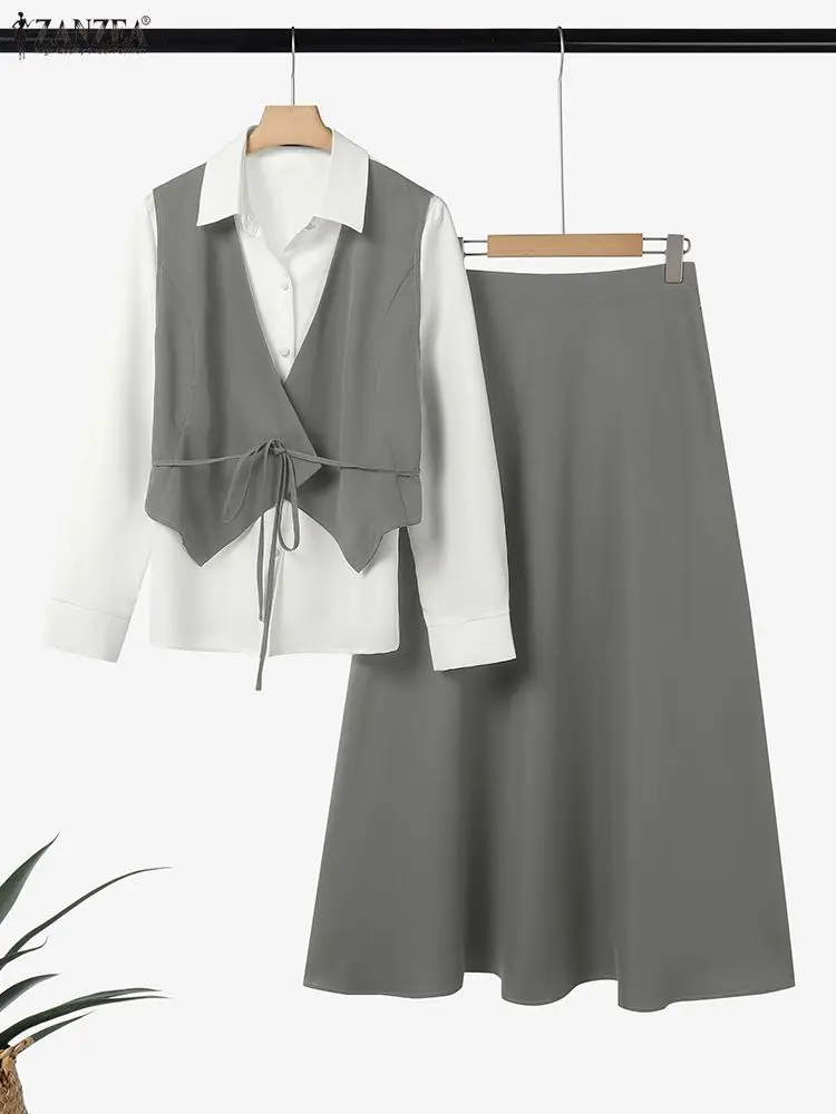 ZANZEA Women Autumn 2 Piece Outfits Long Sleeve Patchwork Shirts and Long Skirts Fashion Dress Sets 2025 Elegant Office OL 2pcs