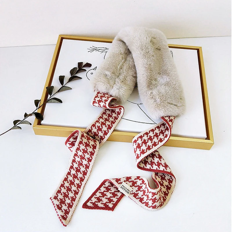 Women Winter Soft Warm Thick Fluffy Faux Fur Collar Long Narrow Knitted Houndstooth Skinny Scarf Neckerchief