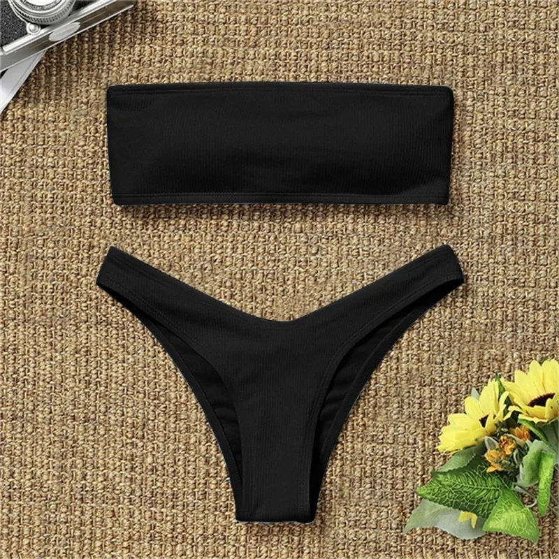 Bandeau Bikini Sets Swimwear Women Solid Ribbed Low Waist Swimsuit Bikini Push Up Summer 2025 New Beach Split Beachwear 2 Piece