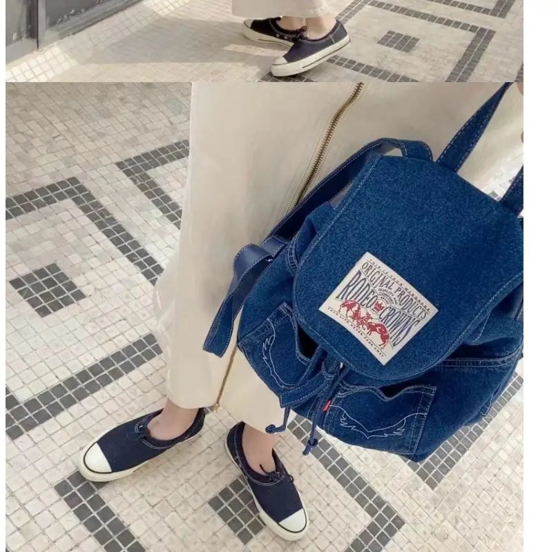 JIAERDI Vintage Denim Backpack Women 2023 New Retro Letter Casual Blue Backpack Schoolbag Ladies Harajuku Y2k Mochila Aesthetic