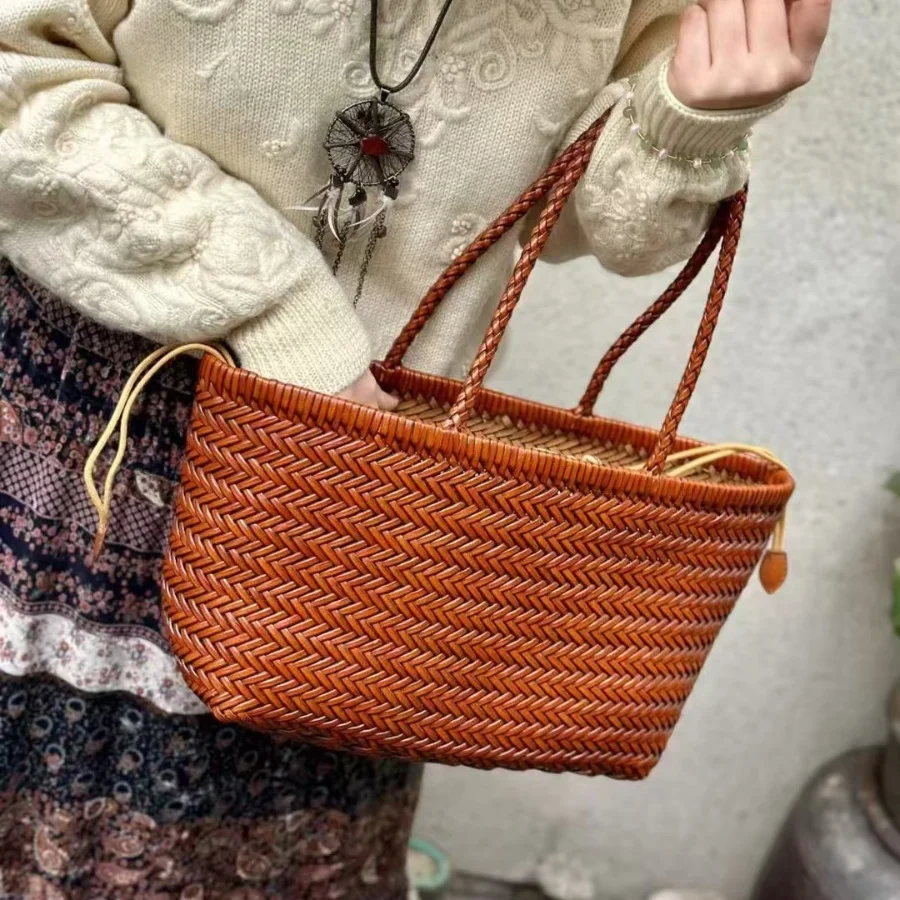 

Split Leather Handmade Woven Vegetable Basket Handbag Cowhide Shoulder Bags Beach Bag Luxury Design Large Capacity Tote