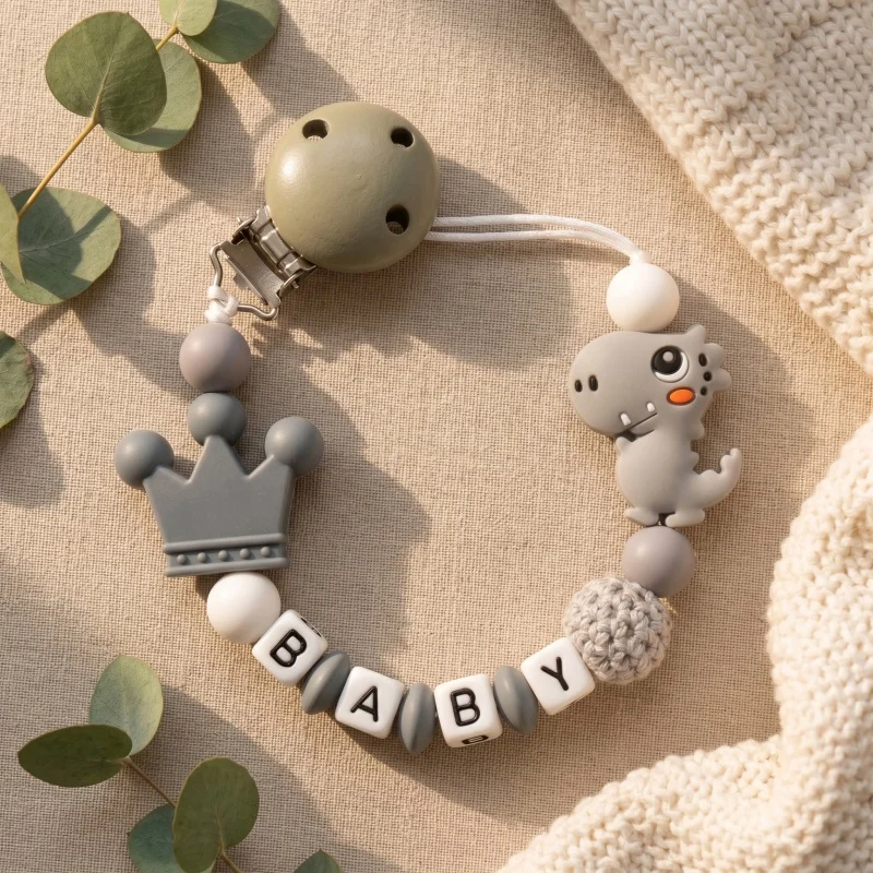 2026 Personalized Pacifier Clip Custom Name Silicone Beads Baby Teether Chain Holder Crown Soother Clips BPA Free Shower Gift image 5