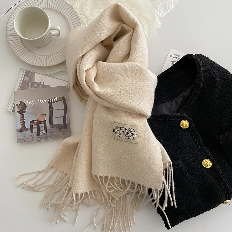 Lenço monocromático de caxemira feminino, lenços quentes, hijab macio, bandana longa, envoltório de xale, foulard bandana, moda inverno, 2023
