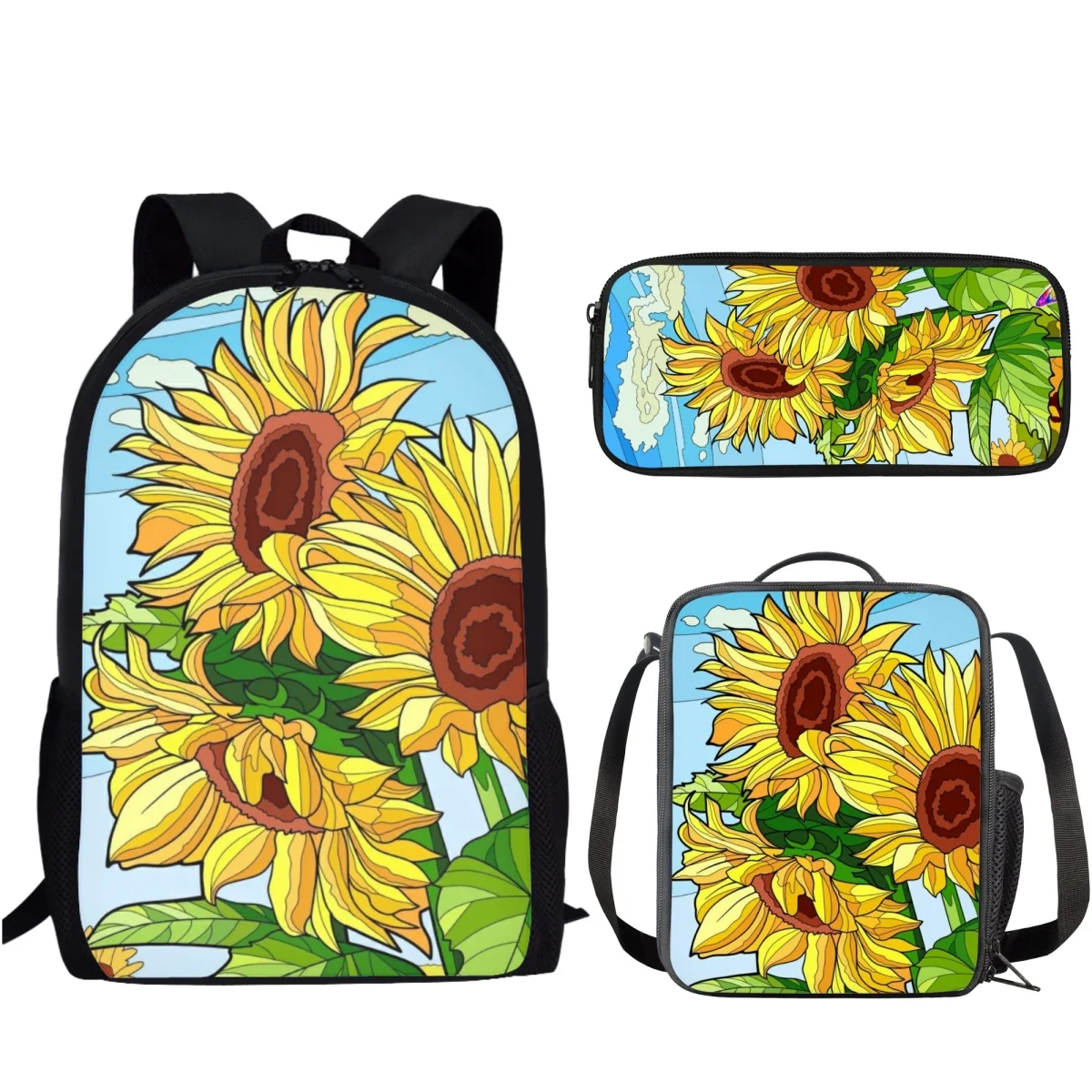 3Pcs Sunflower Pattern School Bag Set Large Capacity Backpack for Girls Boys Teenager Student Book Bag with Lunch Bag Pencil Bag